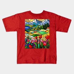 Stained Glass Colorful Mountain Meadow Kids T-Shirt